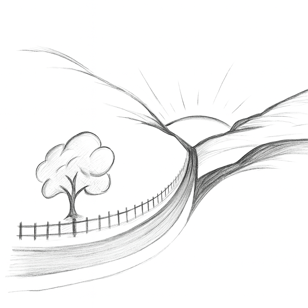 A pencil sketch of a central Pennsylvania valley — a tree, a fence line, a winding road, and a rising sun.